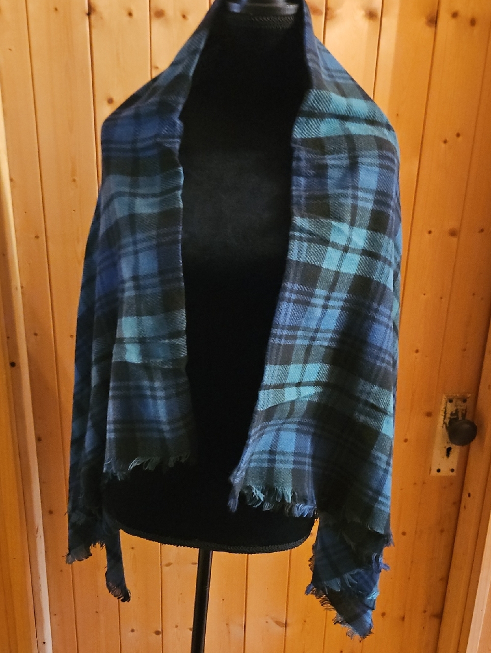 Blue & Teal Plaid Fringe Wrap Scarf